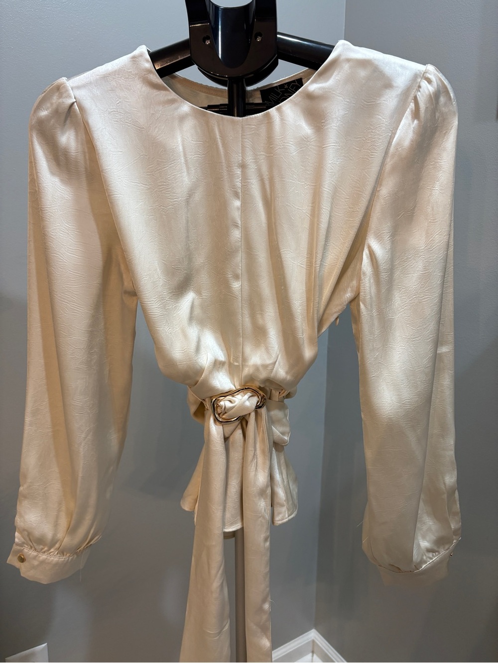 Cream Satin Tie-Waist Long-Sleeve Blouse